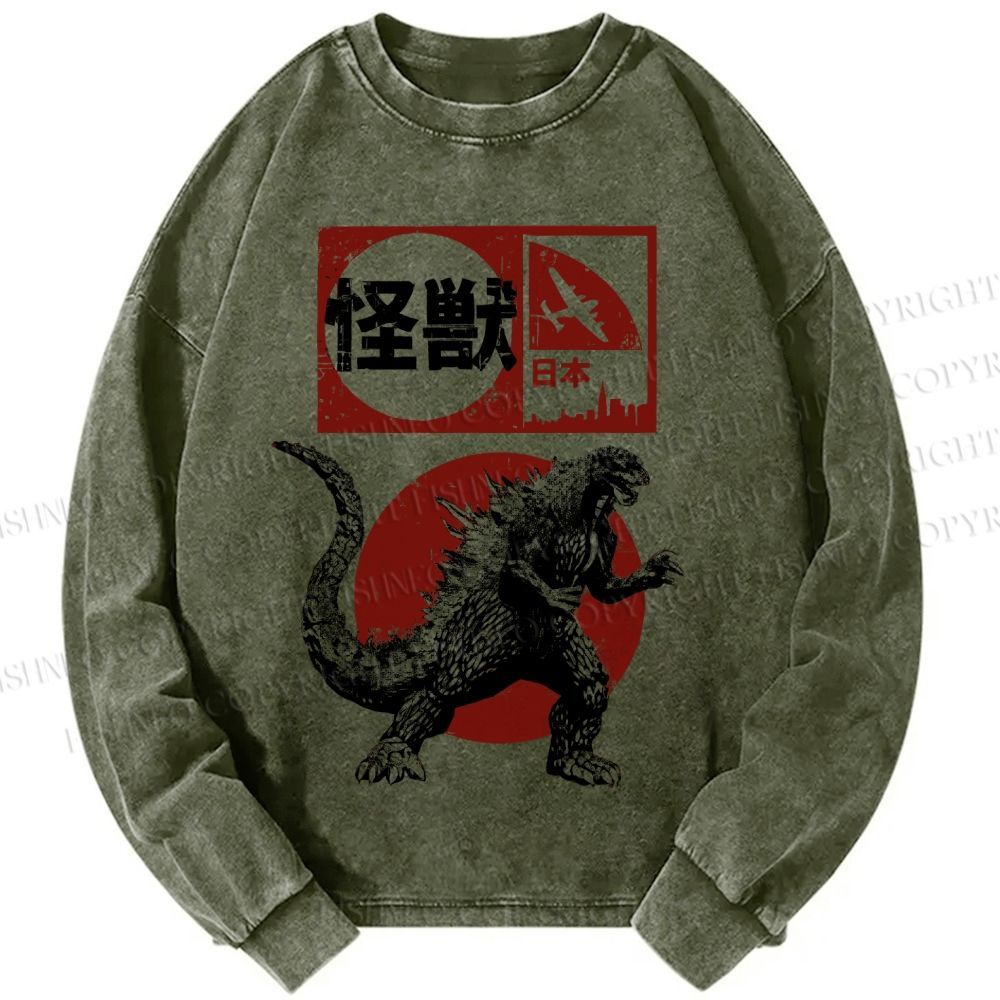 Unisex Casual Washed Vintage Japanese Godzilla Printed Long Sleeve T-shirt