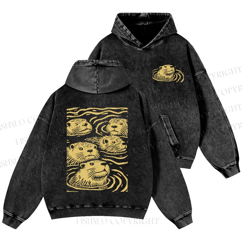 Unisex Casual Woodcut Otter Printed Double-sided Washed Hoodie