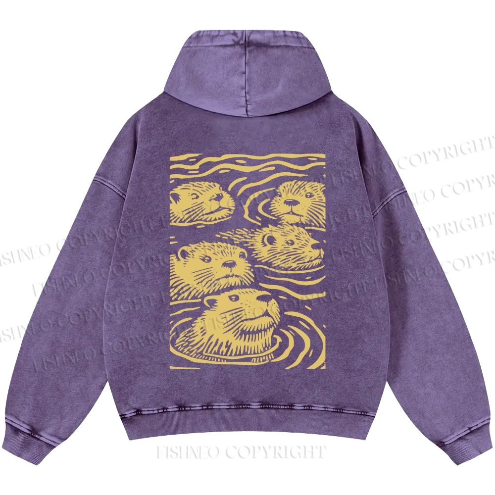 Unisex Casual Woodcut Otter Printed Double-sided Washed Hoodie