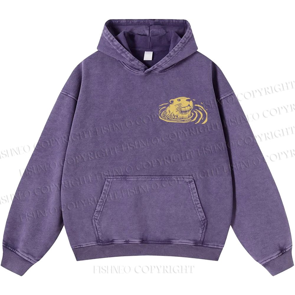 Unisex Casual Woodcut Otter Printed Double-sided Washed Hoodie