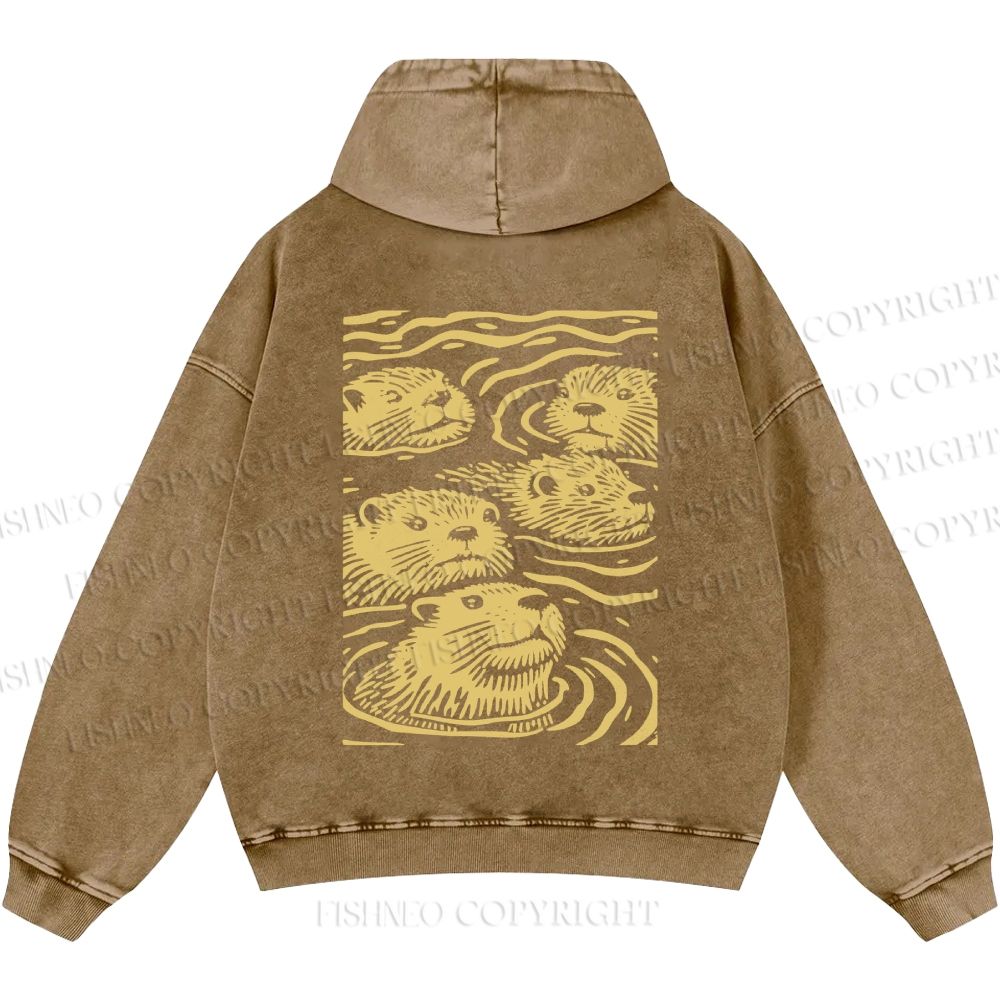 Unisex Casual Woodcut Otter Printed Double-sided Washed Hoodie