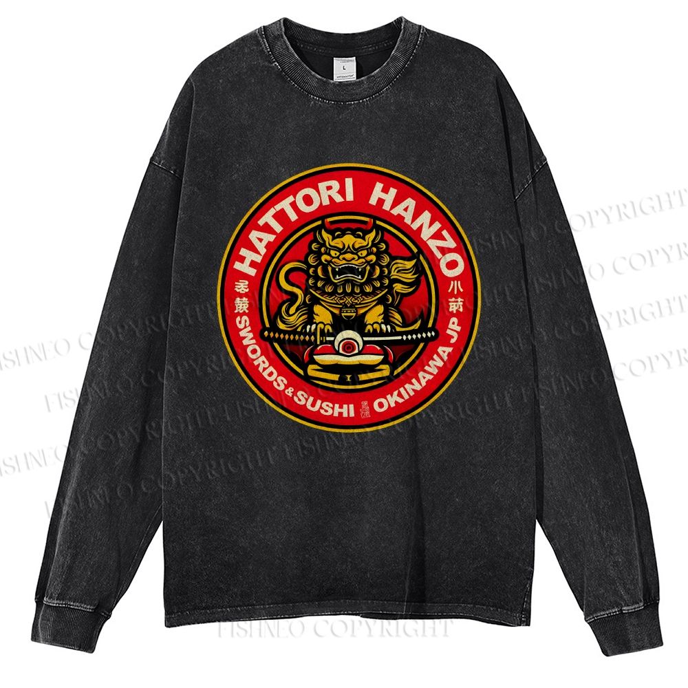 Unisex Casual Washed Hattori Hanzo Sushi Printed Long Sleeve T-shirt