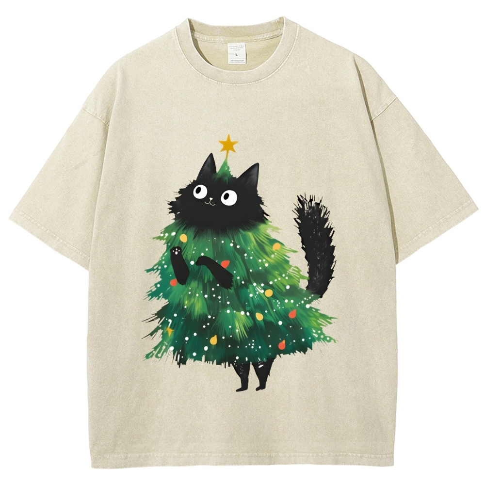 Christmas Tree Cat Japan Vintage Washed T-shirt