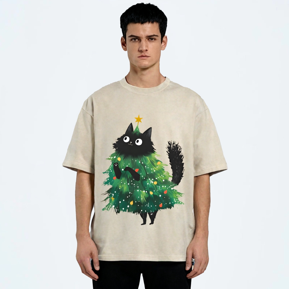 Christmas Tree Cat Japan Vintage Washed T-shirt
