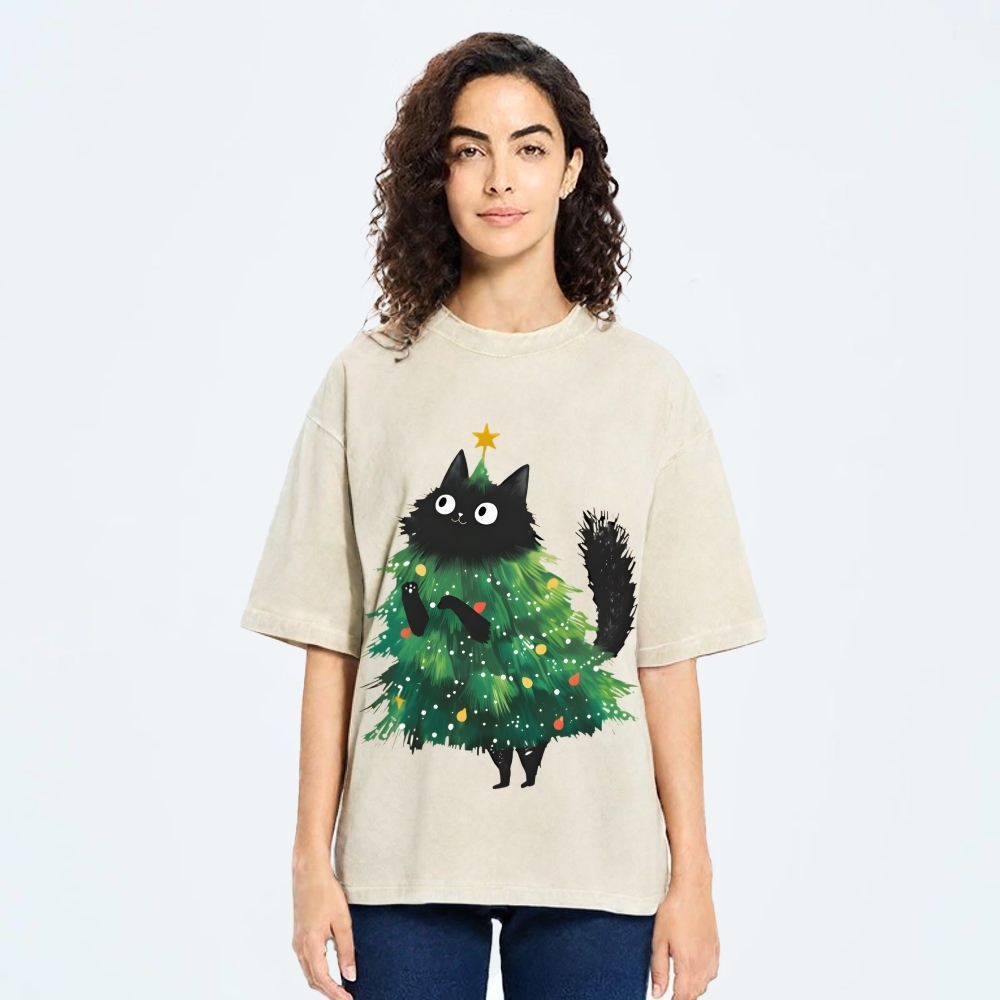 Christmas Tree Cat Japan Vintage Washed T-shirt