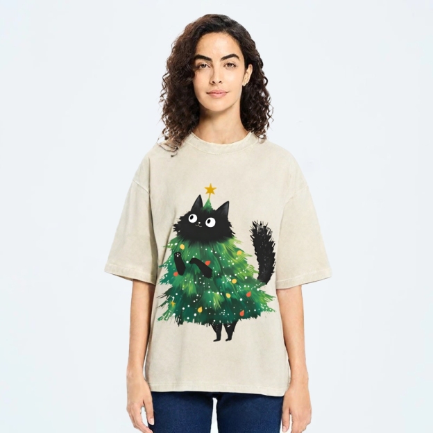 Christmas Tree Cat Japan Vintage Washed T-shirt