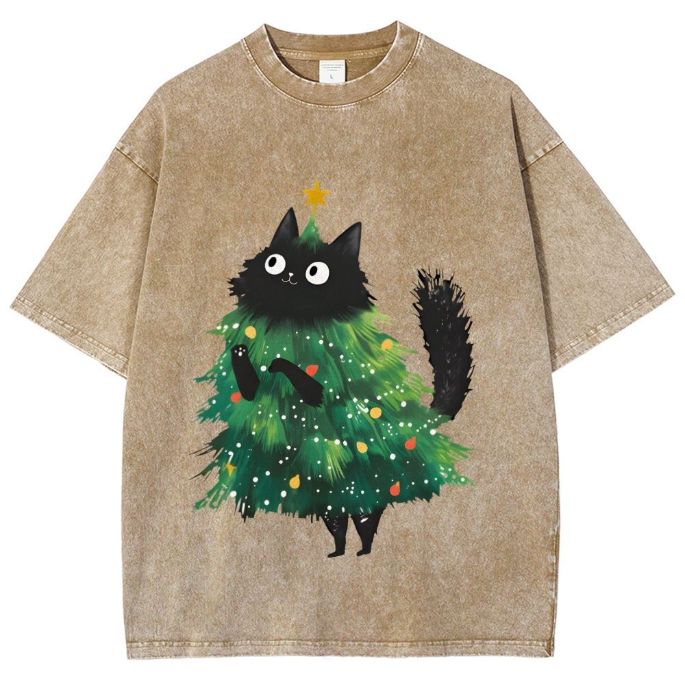 Christmas Tree Cat Japan Vintage Washed T-shirt