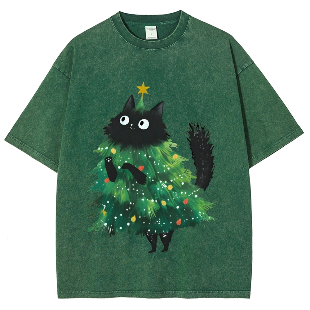 Christmas Tree Cat Japan Vintage Washed T-shirt