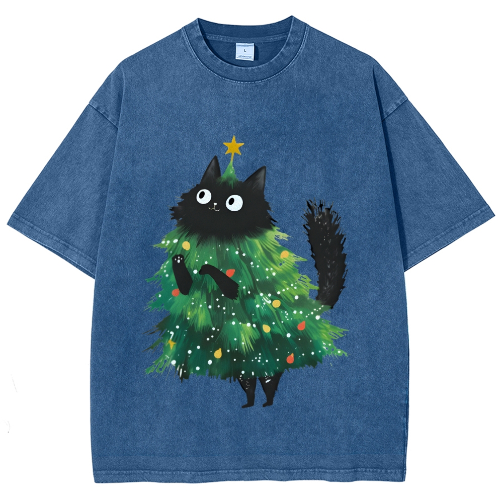 Christmas Tree Cat Japan Vintage Washed T-shirt