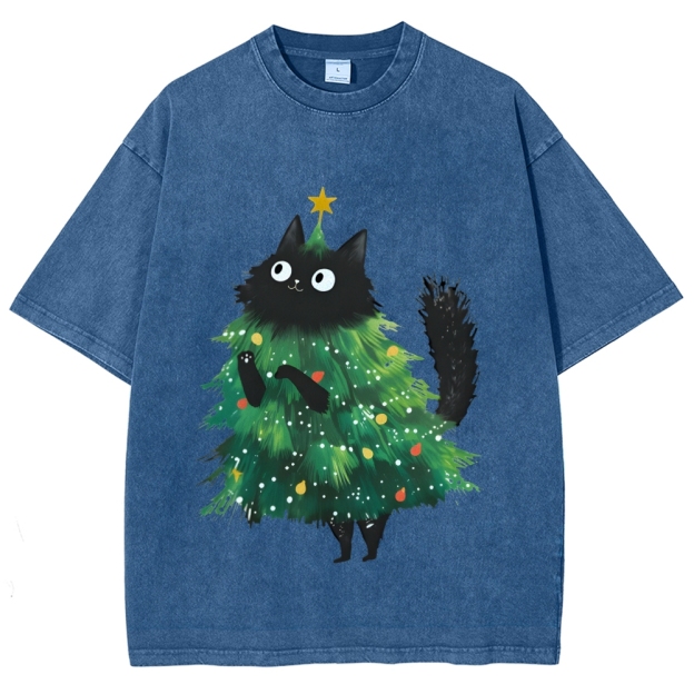 Christmas Tree Cat Japan Vintage Washed T-shirt
