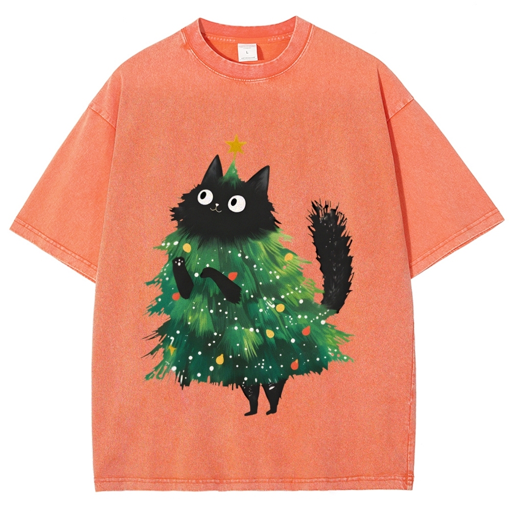 Christmas Tree Cat Japan Vintage Washed T-shirt