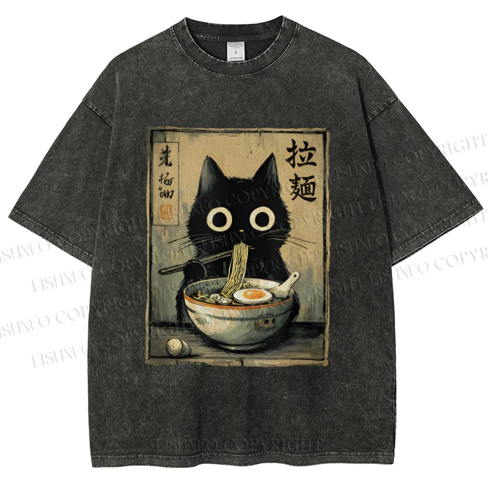 Unisex Cat Eating Ramen Printed Washed Tee