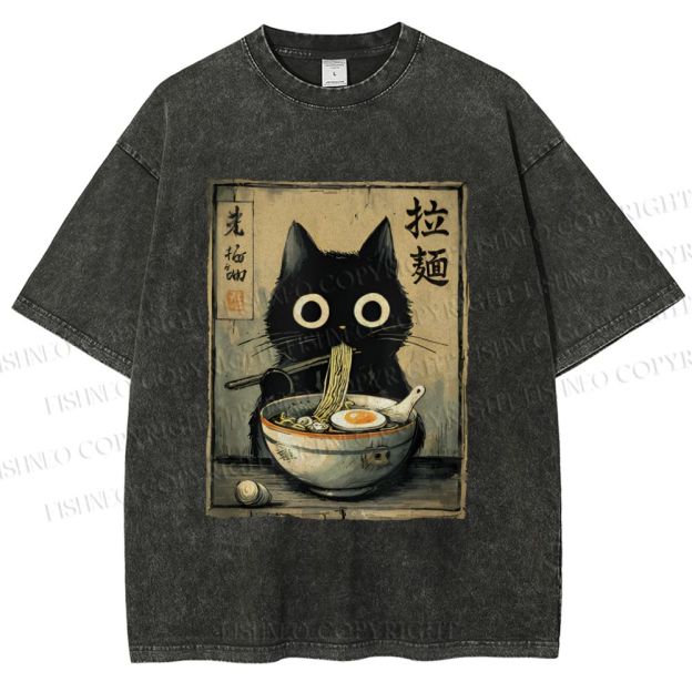 Unisex Cat Eating Ramen Printed Washed Tee