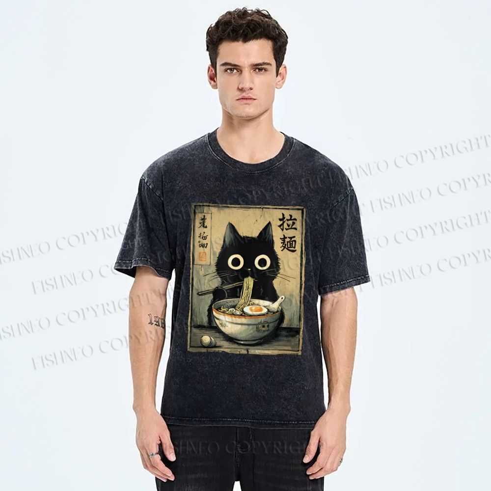 Unisex Cat Eating Ramen Printed Washed Tee