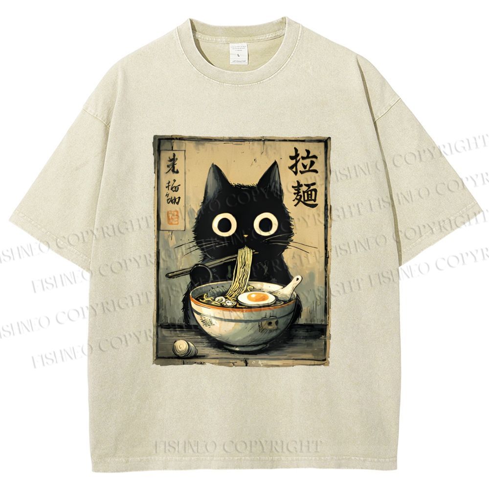 Unisex Cat Eating Ramen Printed Washed Tee