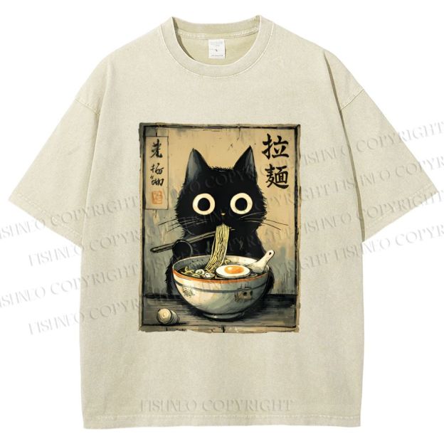 Unisex Cat Eating Ramen Printed Washed Tee