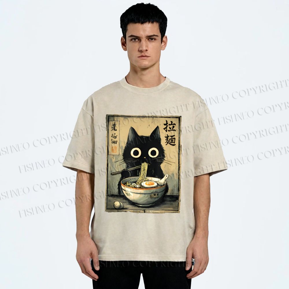 Unisex Cat Eating Ramen Printed Washed Tee