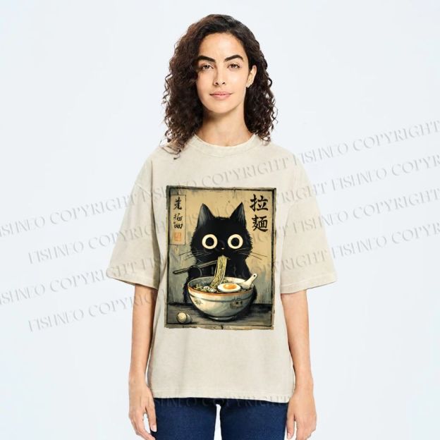 Unisex Cat Eating Ramen Printed Washed Tee
