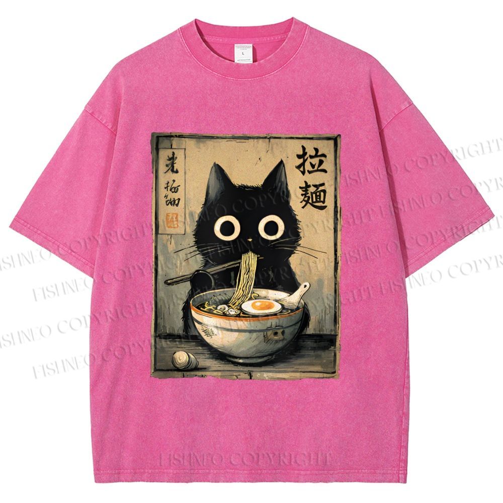 Unisex Cat Eating Ramen Printed Washed Tee