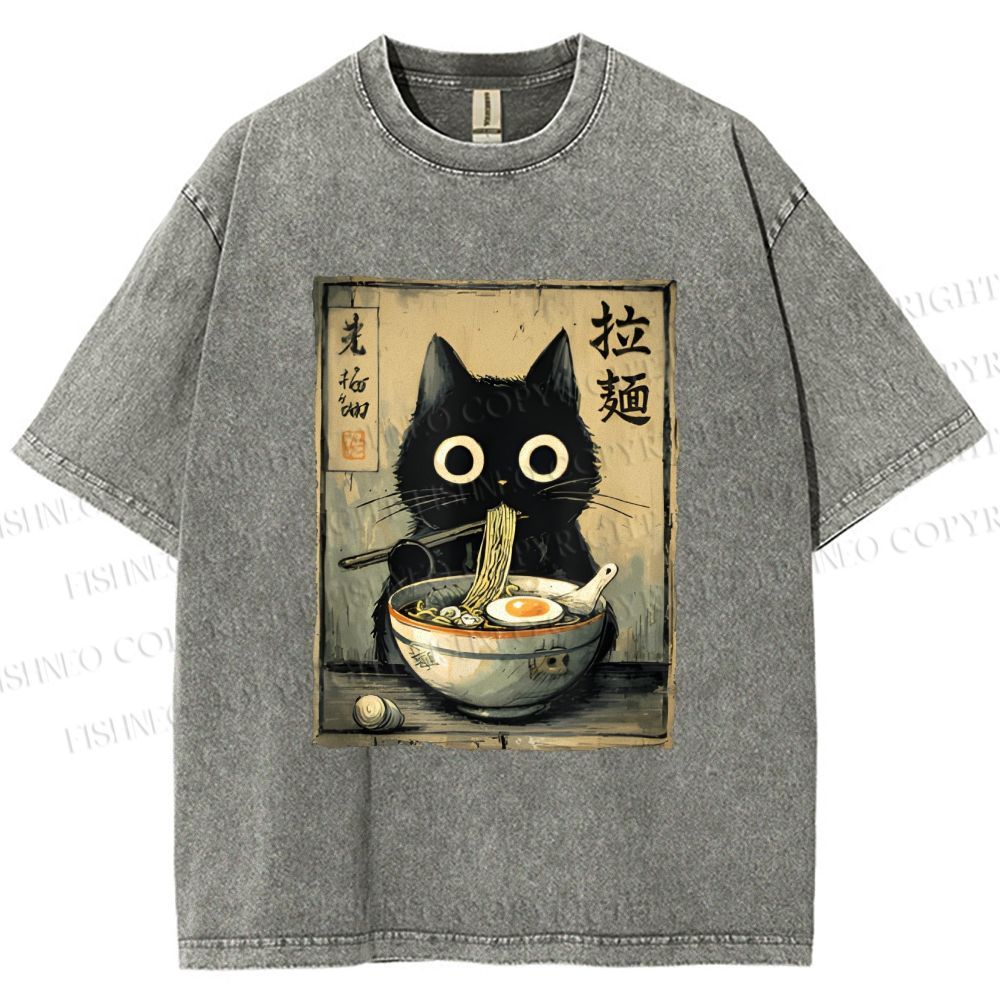 Unisex Cat Eating Ramen Printed Washed Tee