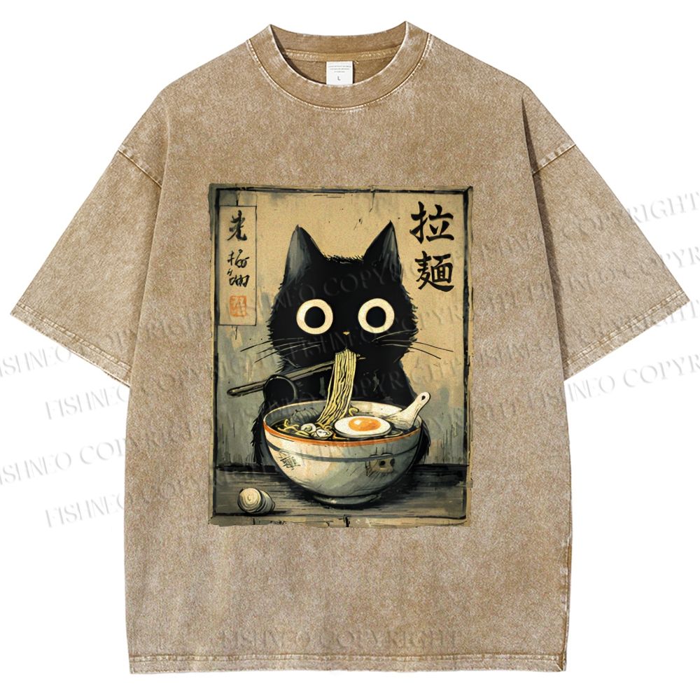 Unisex Cat Eating Ramen Printed Washed Tee