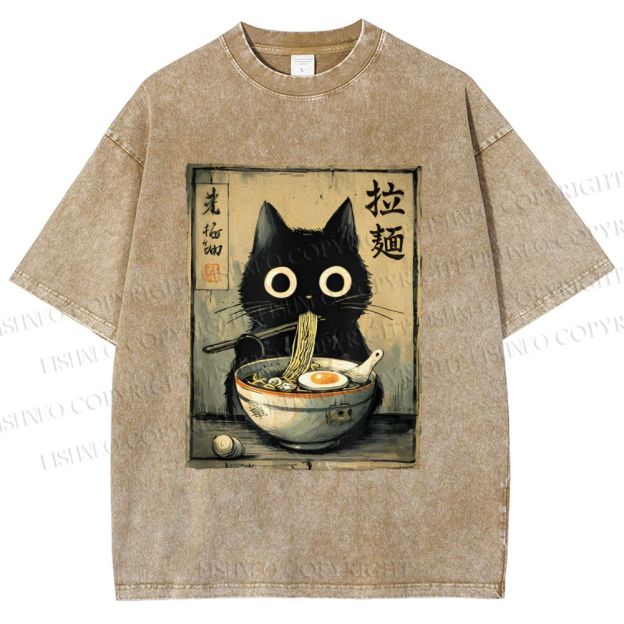 Unisex Cat Eating Ramen Printed Washed Tee