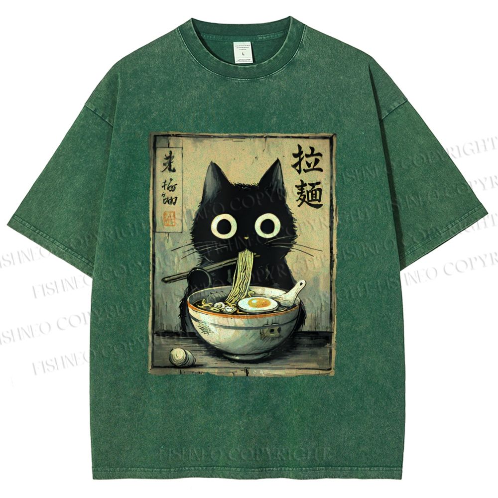 Unisex Cat Eating Ramen Printed Washed Tee