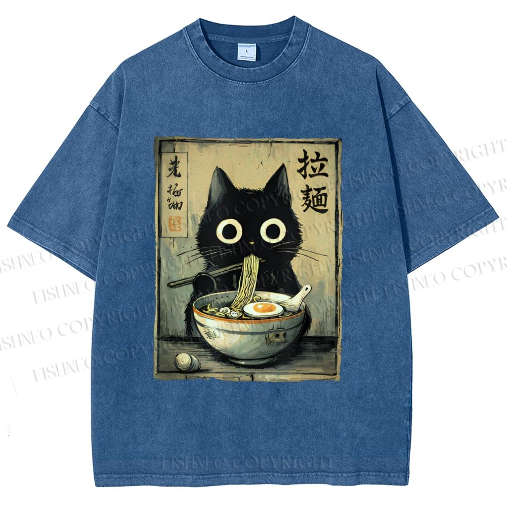 Unisex Cat Eating Ramen Printed Washed Tee