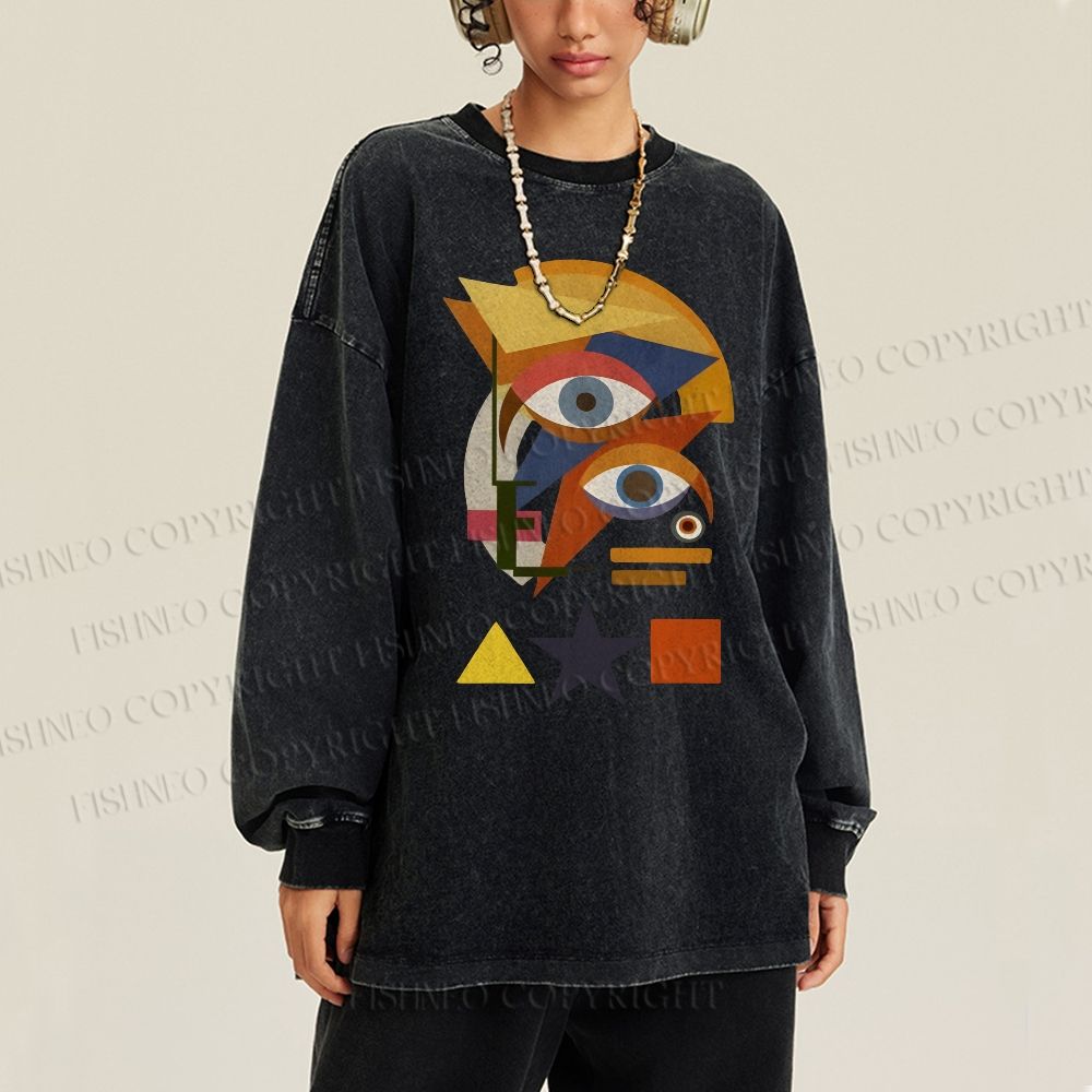 Unisex Casual Washed David Bowie Eye Graffiti Printed Long Sleeve T-shirt