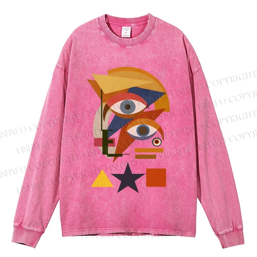 Unisex Casual Washed David Bowie Eye Graffiti Printed Long Sleeve T-shirt