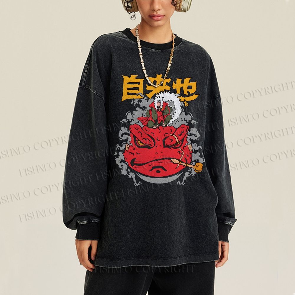 Unisex Casual Washed Jirayia Printed Long Sleeve T-shirt