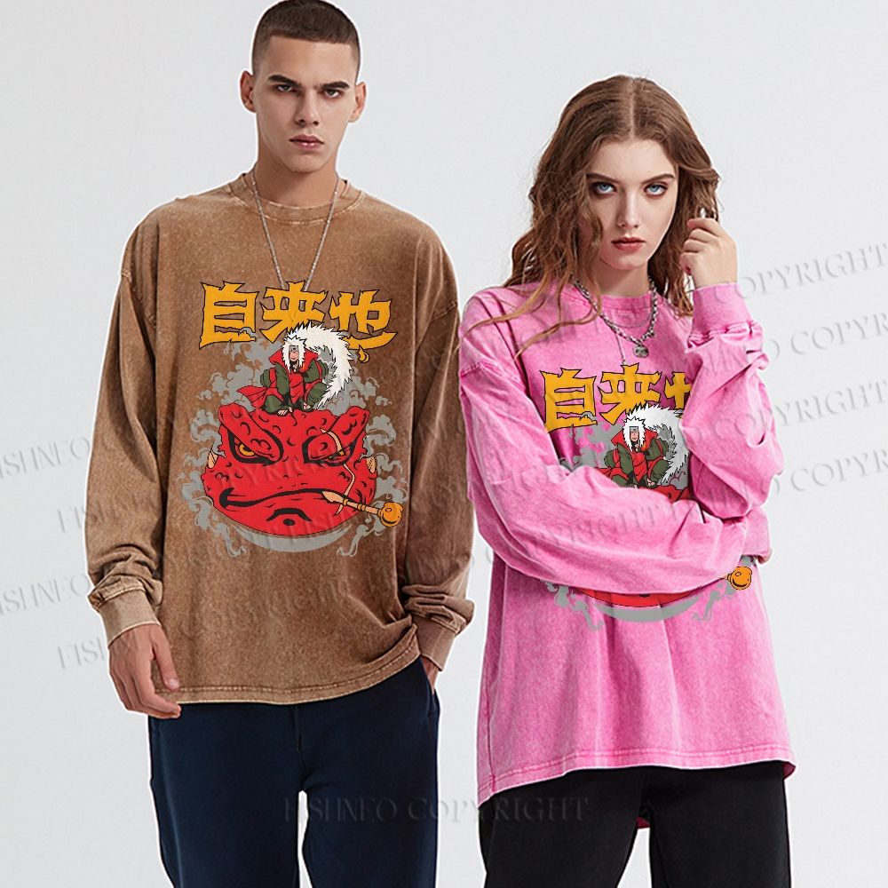 Unisex Casual Washed Jirayia Printed Long Sleeve T-shirt