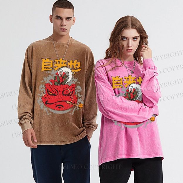Unisex Casual Washed Jirayia Printed Long Sleeve T-shirt