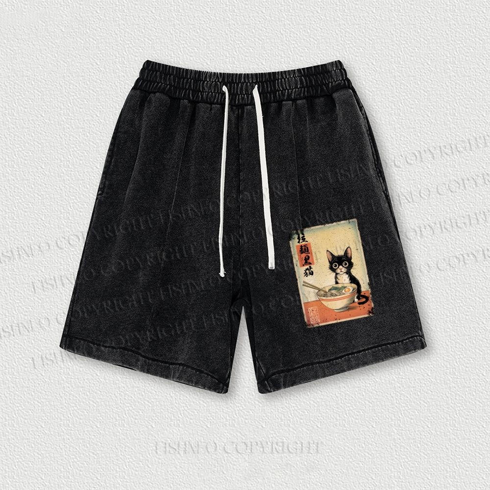Ramen Black Cat Printed Washed Vintage Shorts