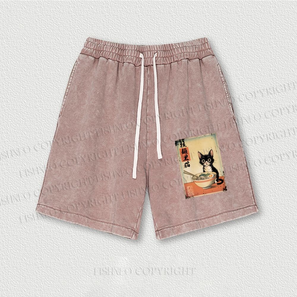 Ramen Black Cat Printed Washed Vintage Shorts
