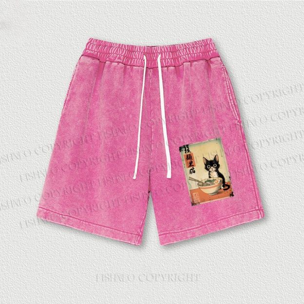 Ramen Black Cat Printed Washed Vintage Shorts