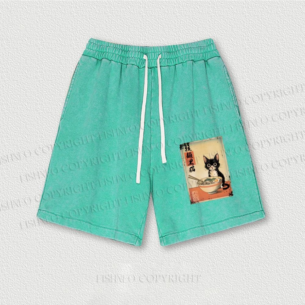 Ramen Black Cat Printed Washed Vintage Shorts