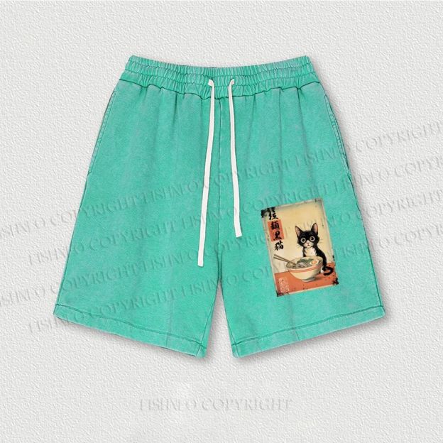 Ramen Black Cat Printed Washed Vintage Shorts