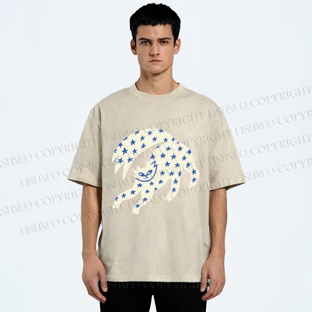 Unisex Star Cats Printed Washed Tee