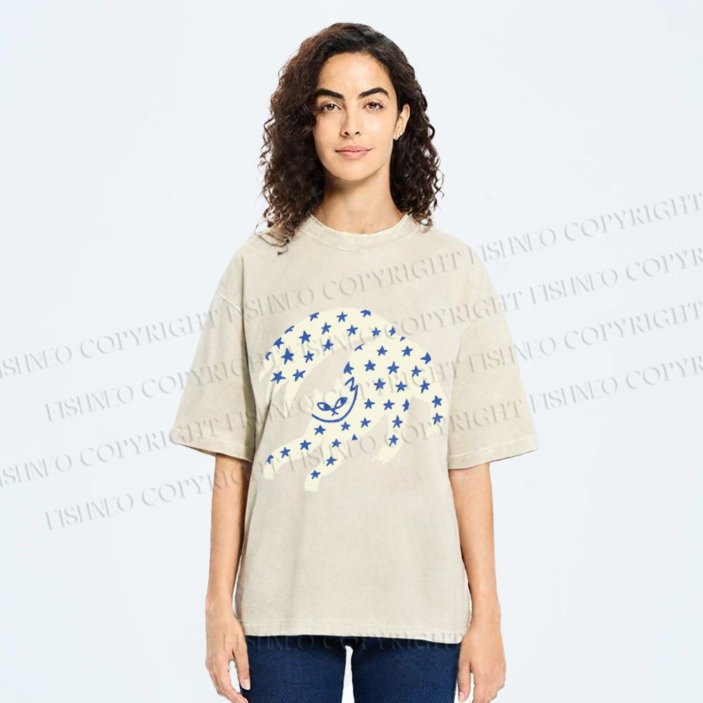 Unisex Star Cats Printed Washed Tee