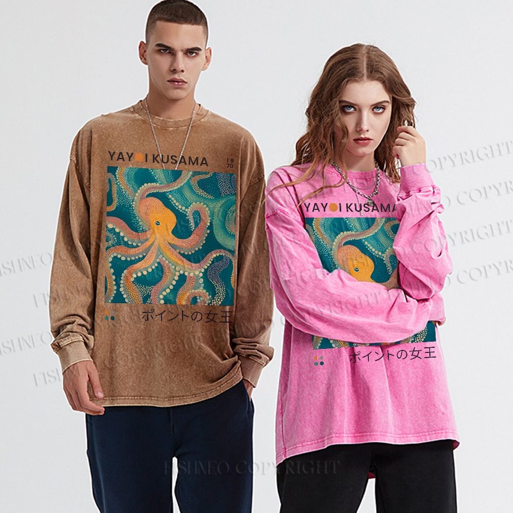 Unisex Casual Washed Yayoi Kusama Octopus Printed Long Sleeve T-shirt