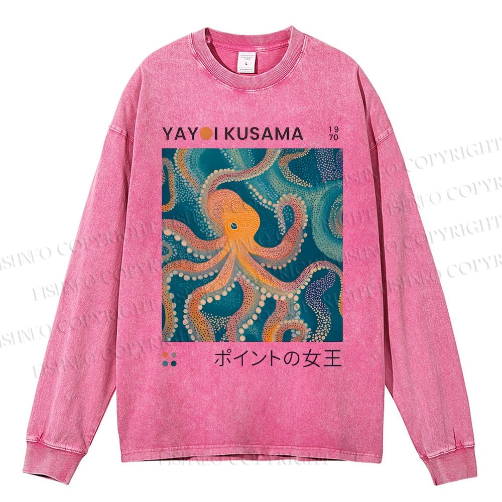 Unisex Casual Washed Yayoi Kusama Octopus Printed Long Sleeve T-shirt