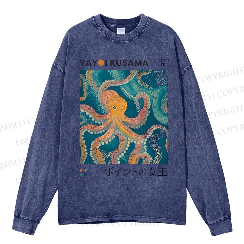 Unisex Casual Washed Yayoi Kusama Octopus Printed Long Sleeve T-shirt
