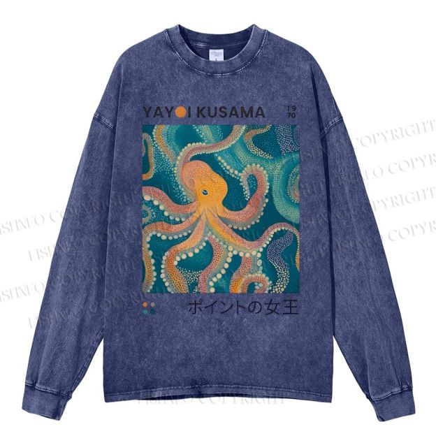 Unisex Casual Washed Yayoi Kusama Octopus Printed Long Sleeve T-shirt