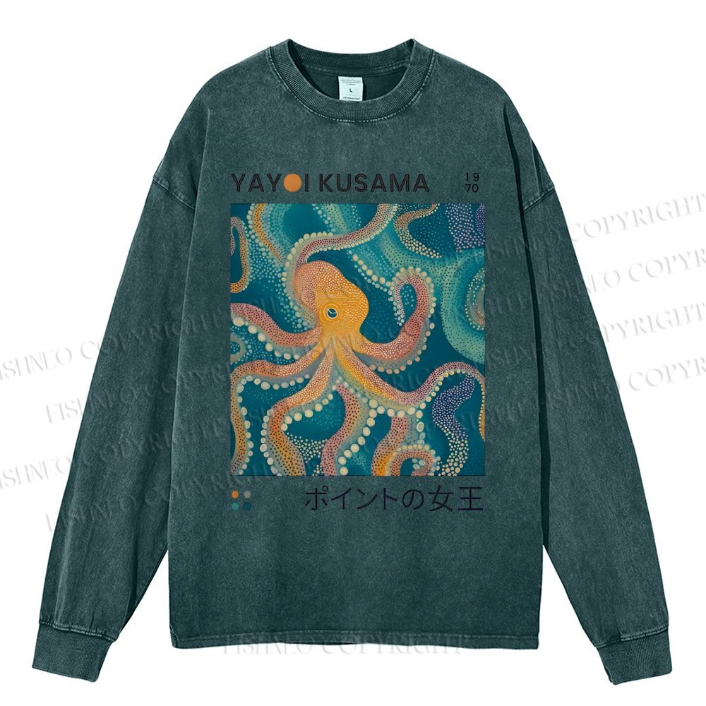 Unisex Casual Washed Yayoi Kusama Octopus Printed Long Sleeve T-shirt