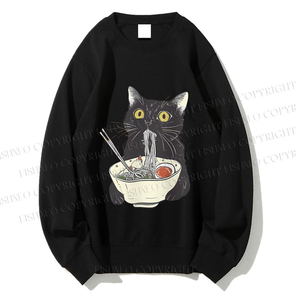 Unisex Vintage Cat Having Noodle Printed Sweatshirt