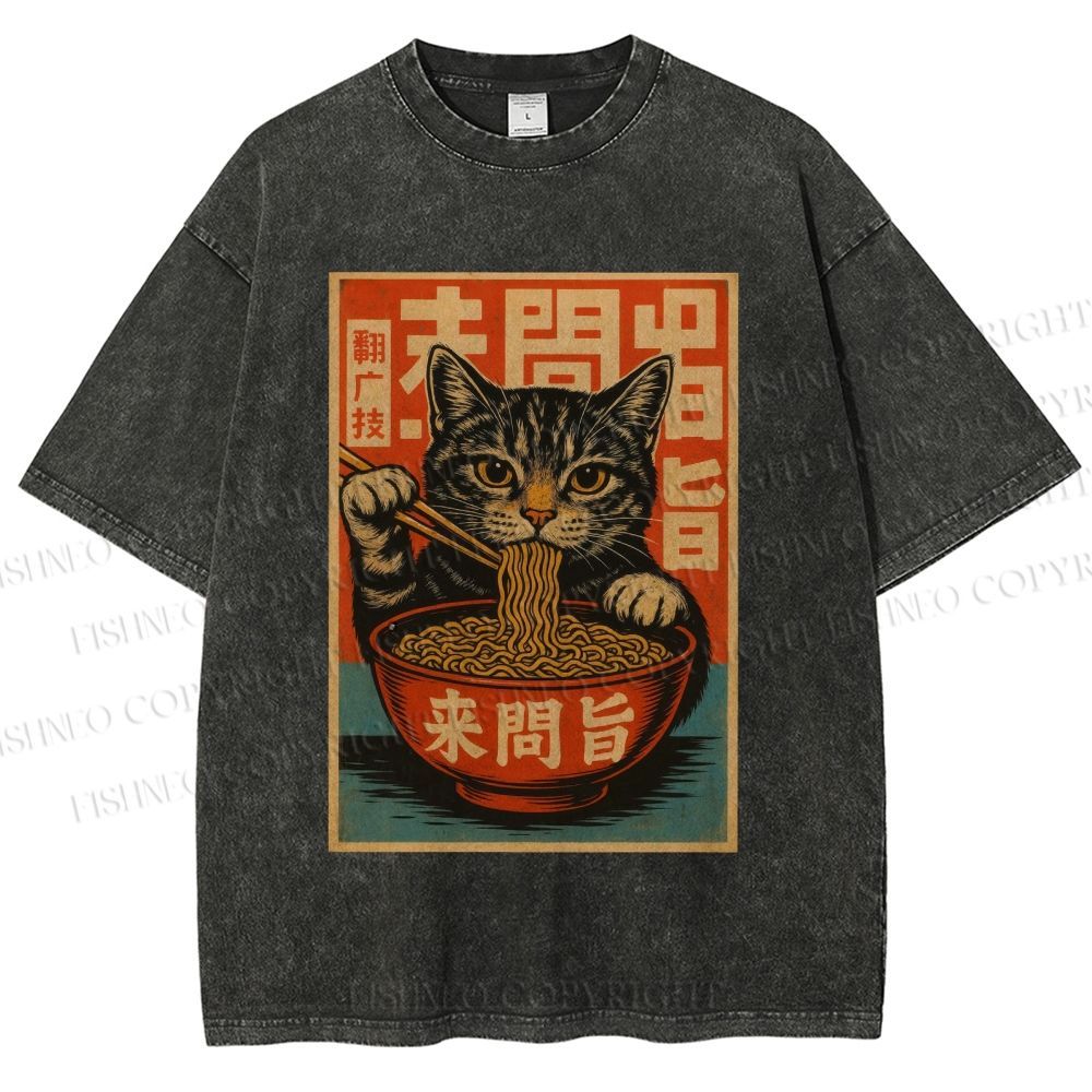 Unisex Vintage Ramen Cat Printed Washed Tee