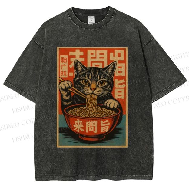 Unisex Vintage Ramen Cat Printed Washed Tee