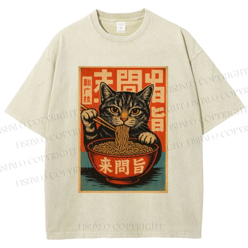 Unisex Vintage Ramen Cat Printed Washed Tee