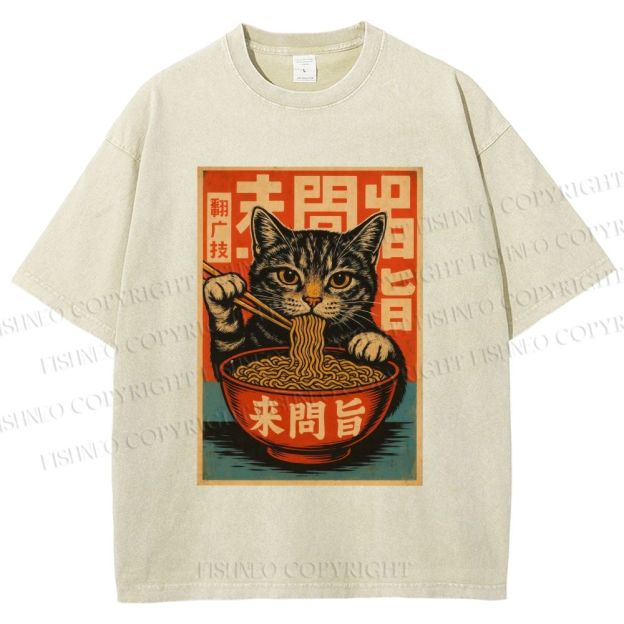 Unisex Vintage Ramen Cat Printed Washed Tee